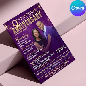 May include: A purple flyer with gold text and two smiling people. The flyer commemorates the 9th Pastoral Anniversary of New Hope Christian Church. Text includes "Honoring Pastor Daniel & First Lady Ruth Thompson" and event details.