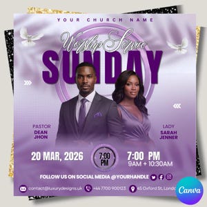 Puede incluir: Un folleto morado y blanco para un servicio religioso dominical. El folleto presenta el texto "Worship Service Sunday" con la fecha, la hora y las redes sociales. Incluye imágenes de un hombre y una mujer.