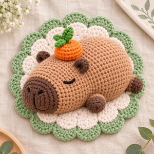 May include: A crocheted capybara figurine in light brown yarn with a dark brown snout and feet, featuring a small orange citrus fruit with green leaves resting on its head, all positioned on a scalloped white and sage green crocheted mat.