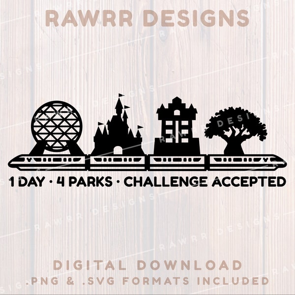 One Day Four Parks Challenge | Park Icons Monorail | Custom Shirt | SVG PNG | Cricut Silhouette Cut File