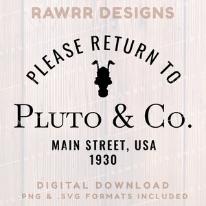 Könnte beinhalten: Schwarzweißes digitales Download-Design mit einer Silhouette eines Hundes mit Ohren und dem Text "Bitte zurück zu Pluto & Co. Main Street, USA 1930".