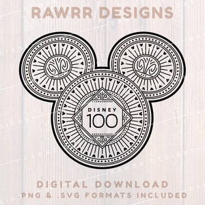 May include: Black and white digital design featuring a Mickey Mouse head shape composed of three circular elements. The design includes intricate patterns and the text "DISNEY 100". The words "RAWRR DESIGNS" and "DIGITAL DOWNLOAD" are also present.