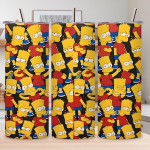 May include: Insulated tumblers featuring a repeating pattern of Bart Simpson. The design shows Bart in a red shirt, blue shorts, and yellow skin on a black background. Each tumbler has a silver lid and a straw.