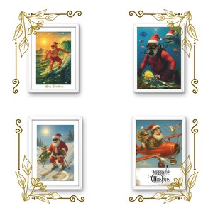 May include: Four framed art prints featuring Santa Claus in various adventurous scenarios. One shows Santa surfing, another scuba diving, a third skiing, and the last flying a biplane. Each print has a white frame and the words "Merry Christmas".