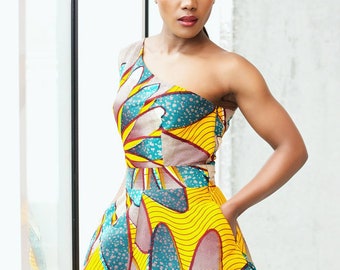 Ankara One Shoulder Party Dress: Yellow African Print Clothing