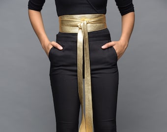 Cinturón obi de cuero hecho a mano en oro, cinturones de faja, cinturones de corbata, cinturones de doble envoltura, regalo del día de las madres, cinturones de talla grande S M L XL XXL para ella - Gitas Portal