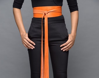 Real Leather handmade obi belt, lWaist cincher leather wrap belt, plus size belt, , gifts for her, long wide belt, ORANGE belt- Gitas Portal