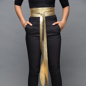 Leather brass buckle obi belt, Mothers day gift, leather wrap belt, metallic belt, leather belt, gift for her, long wide belt - Gitas Portal