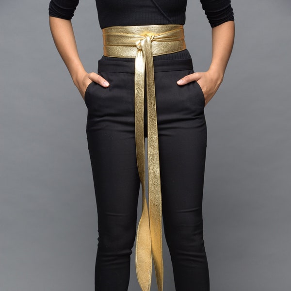 Gold handmade leather obi belt sash belts tie belts double wrap belts, Mothers day gift, plus size belts S M L XL XXL for Her - Gitas Portal