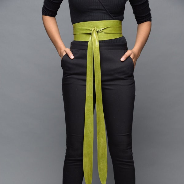 Mothers day gift, Leather obi belt, leather wrap belt, plus size belt, Waist cincher belt, plus size belt, GREEN - Gitas Portal
