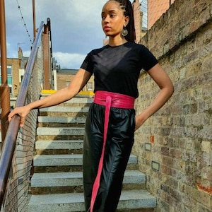 Leather brass buckle obi belt, leather wrap belt, plus size belt, Christmas gift, gifts for her, long wide belt PINK - Gitas Portal