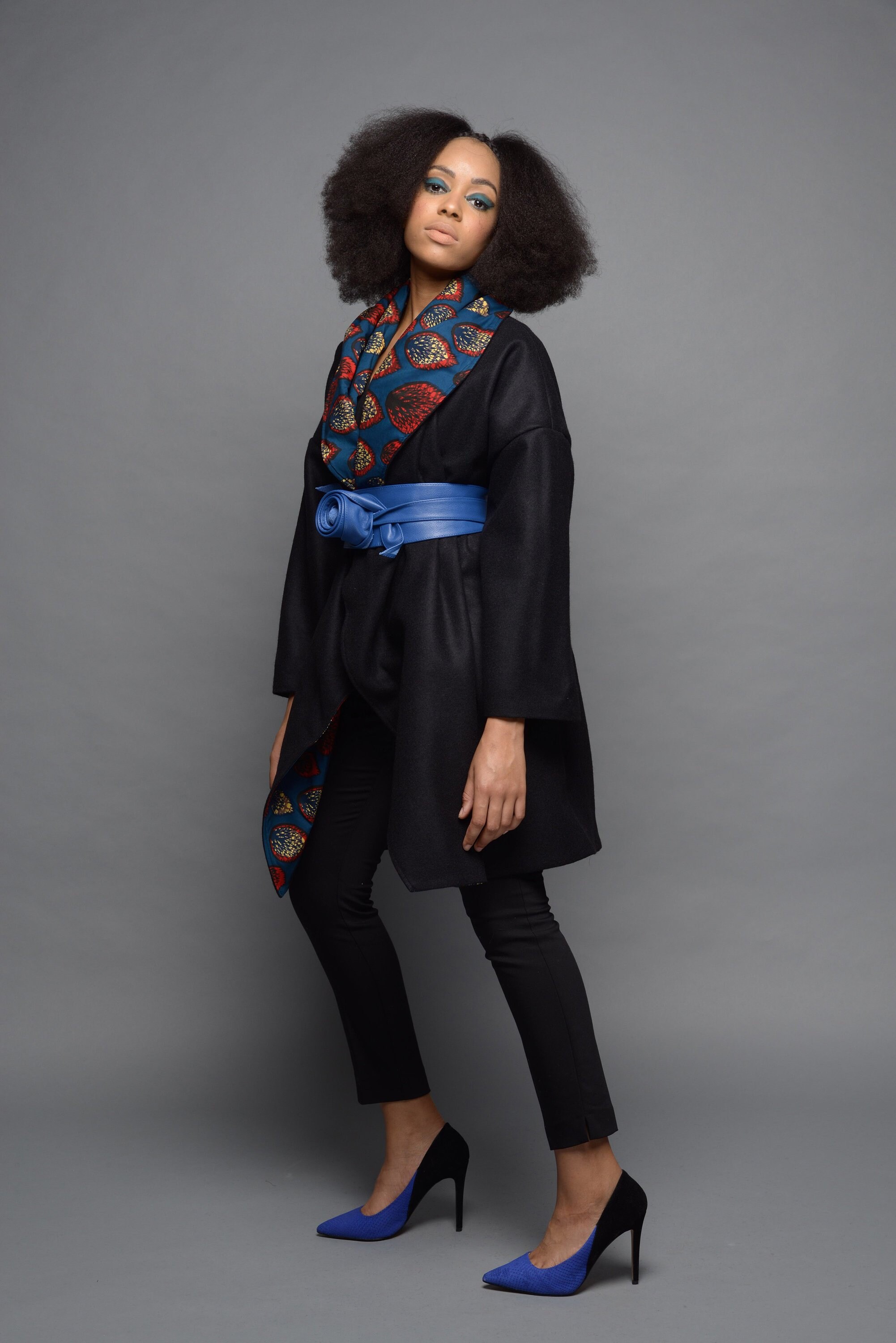Image of Womens Coat, Wool Coat With Leather Obi Belt, Hooded Plus Size Ankara African Print Jacket, Trench - Sankora