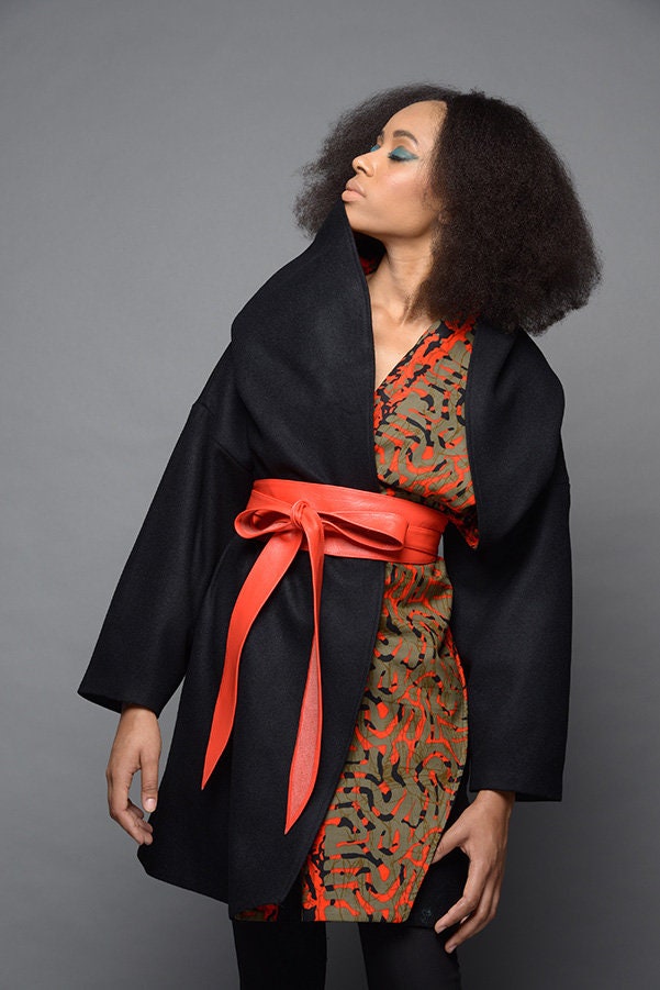 Image of Black Wool Coat, Winter Oversized Womens Hooded Plus Size African Print Coat - Autumn