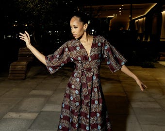 Sukienka maxi z nadrukiem afrykańskim Ankara: suknia w stylu kimono z kwiatowym wzorem