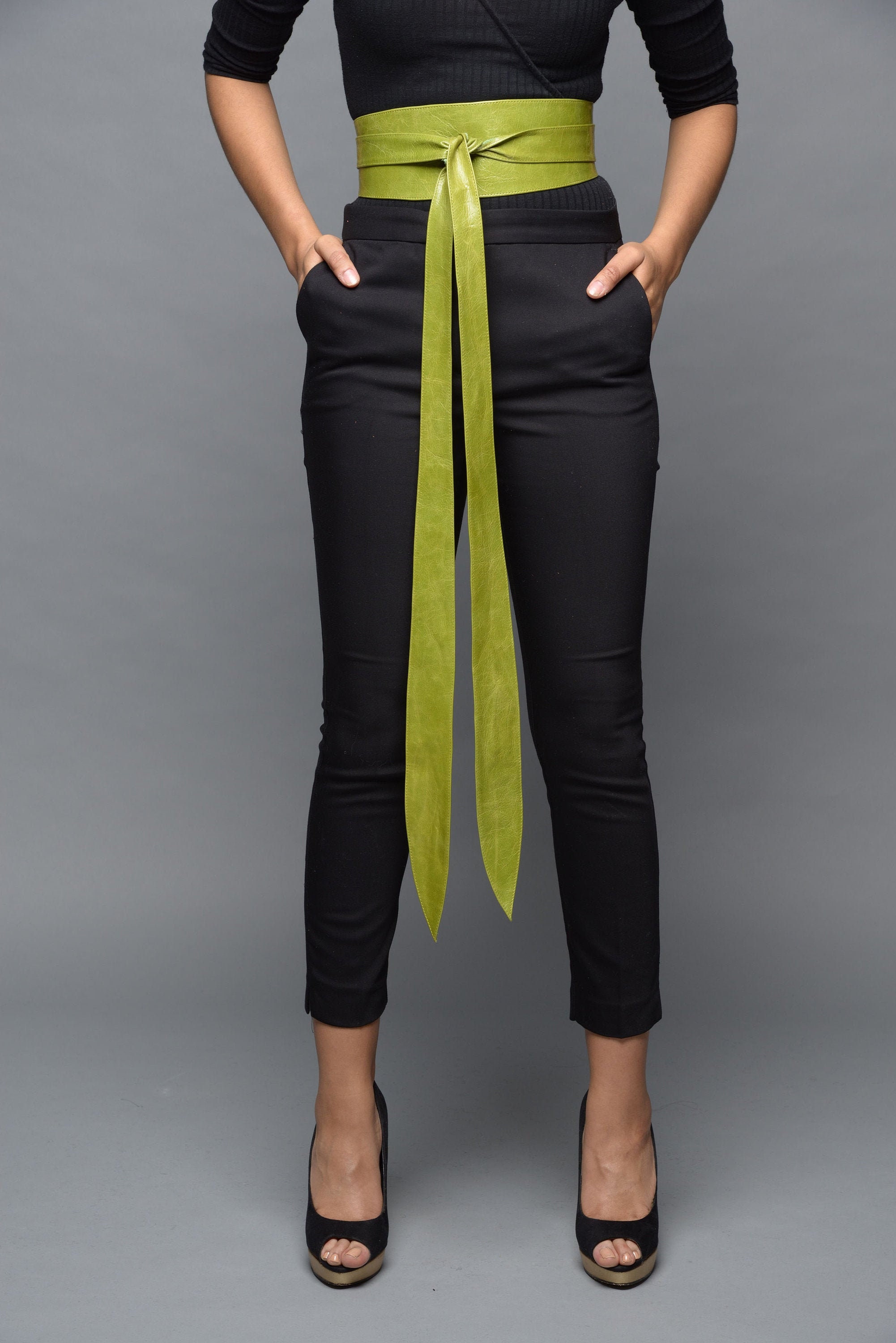 Black Leather belt Obi belt 4/'/' Express shipping Waist cincher double wrap leather Plus size belt