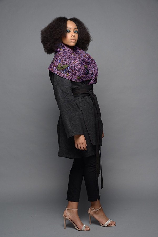Image of Winter Coat With Leather Obi Belt, Wool Coat, Plus Size Ankara Oversized African Print Jacket, Trench - P