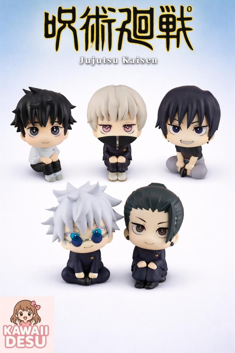 May include: Collection of Jujutsu Kaisen chibi figures. The figures feature characters with black, white, and silver hair, wearing dark uniforms. The figures are in a seated position. The text "Jujutsu Kaisen" is at the top.