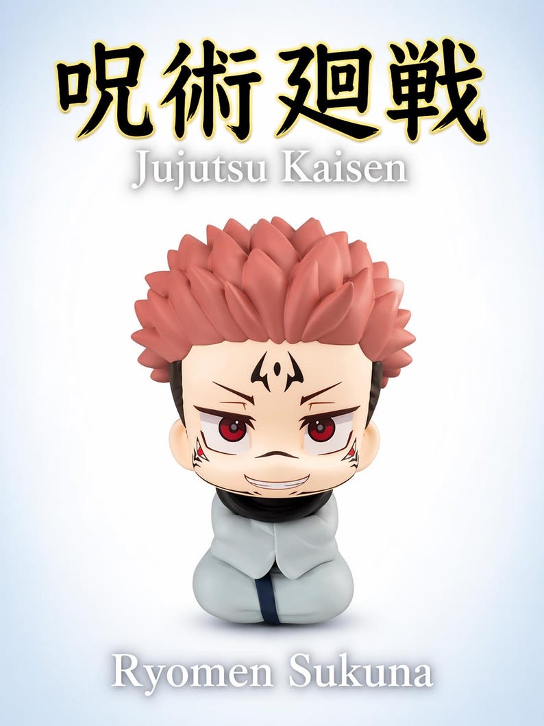 May include: A Jujutsu Kaisen Ryomen Sukuna figurine. The figure has red hair, red eyes, and facial markings. It is wearing a white outfit with a black collar and a blue tie. The text "Jujutsu Kaisen" and "Ryomen Sukuna" are also visible.