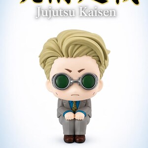 May include: A Kento Nanami figure from Jujutsu Kaisen. The figure has light green hair, round green-tinted glasses, and is wearing a gray suit with a blue tie. The Jujutsu Kaisen logo is at the top.