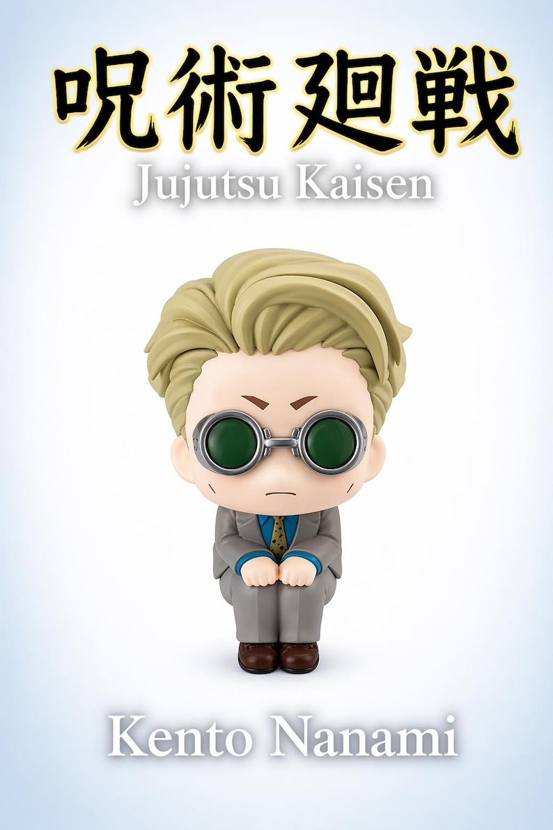 May include: A Kento Nanami figure from Jujutsu Kaisen. The figure has light green hair, round green-tinted glasses, and is wearing a gray suit with a blue tie. The Jujutsu Kaisen logo is at the top.