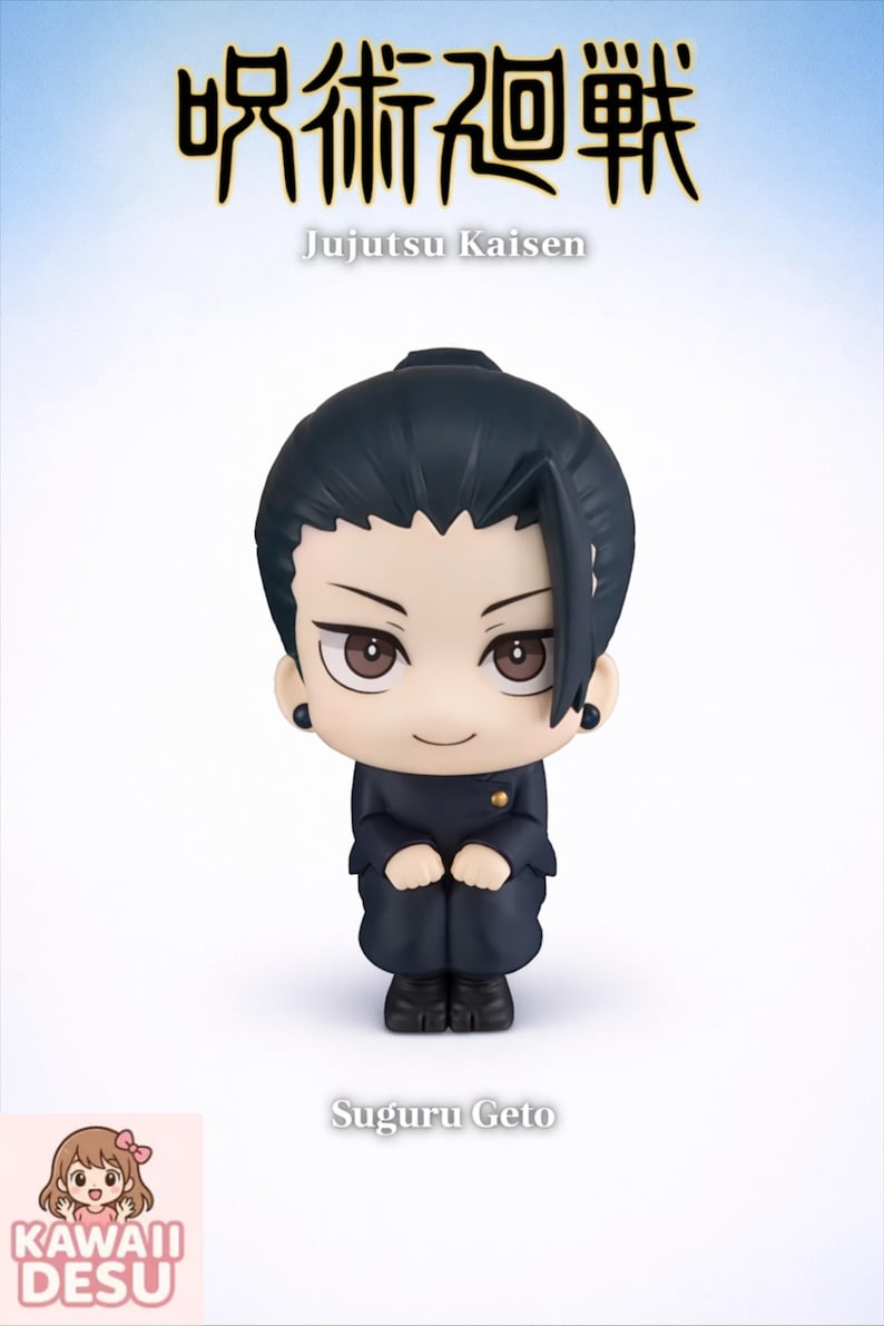 May include: A Jujutsu Kaisen Suguru Geto figure. The figure is wearing a dark blue uniform and has black hair. The figure has a cute, chibi-style design. The text "Jujutsu Kaisen" and "Suguru Geto" are visible.