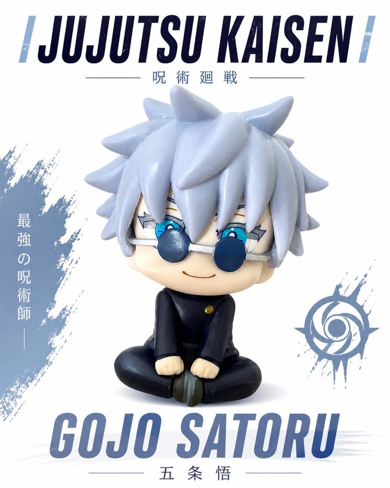 May include: A figurine of Gojo Satoru from Jujutsu Kaisen, with light blue hair and glasses. The figure is seated with hands on knees, wearing a black uniform. The text "JUJUTSU KAISEN" and "GOJO SATORU" are displayed.