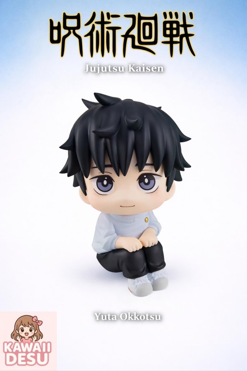 May include: A Jujutsu Kaisen Yuta Okkotsu figure. The figure has black hair, a light blue shirt, and black pants. The figure is sitting down with its hands clasped. The text "Jujutsu Kaisen" and "Yuta Okkotsu" are visible.
