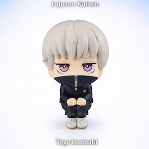 May include: A Jujutsu Kaisen Toge Inumaki figure. The figure has white hair, purple eyes, and is wearing a black uniform with a high collar. The figure is standing on a white surface with the words "Jujutsu Kaisen" and "Toge Inumaki" printed on the image.