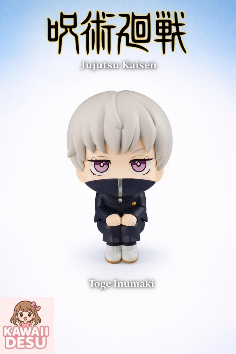 May include: A Jujutsu Kaisen Toge Inumaki figure. The figure has white hair, purple eyes, and is wearing a black uniform with a high collar. The figure is standing on a white surface with the words "Jujutsu Kaisen" and "Toge Inumaki" printed on the image.