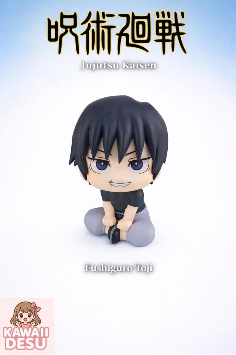 May include: A Jujutsu Kaisen Fushiguro Toji figurine. The figure has black hair and is wearing a black shirt and gray pants. The text "Jujutsu Kaisen" and "Fushiguro Toji" are visible. The Kawaii Desu logo is in the bottom left corner.