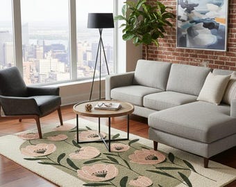 Hand Tufted Floral Wool Rug, Pink Botanical Garden Carpet, Modern Boho Home Decor 8x10
