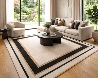 Hand Tufted Wool Rug 8x10 Beige Black Border Modern Scandinavian Carpet