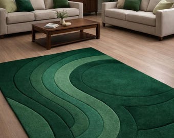 Hand Tufted Wool Area Rug, Abstract Wavy Pattern, Mid Century Modern Sage Emerald Carpet