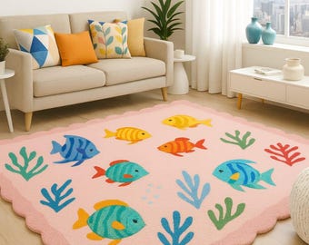 Handcrafted Ocean Life Wool Rug – Scalloped Edge Nursery Carpet, Kids Room Playroom Decor