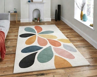 Abstract Floral Geometric Area Rug, Modern Colorful Hand Tufted Living Room Carpet”
