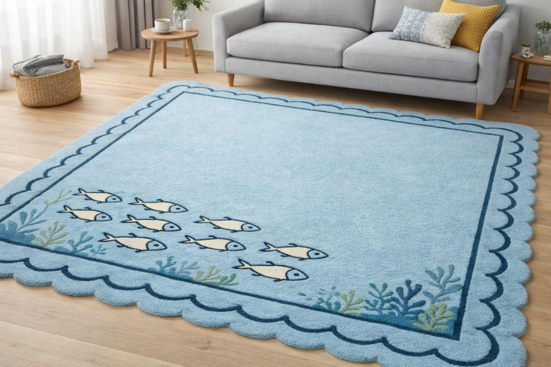 Ocean Fish Theme Hand Tufted Rug With Scalloped Border Soft Blue Area ...