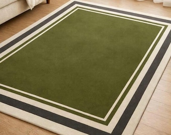 Minimalist Olive Green Border Area Rug, Modern Geometric Living Room Carpet