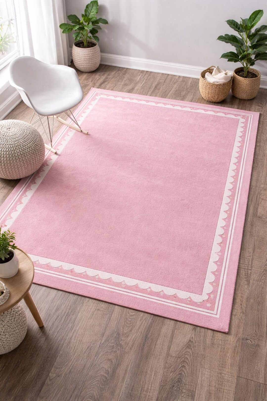 Border Area Rug Pink Soft Pink Scalloped Border Area Rug | Modern Minimal Nursery & Living ...