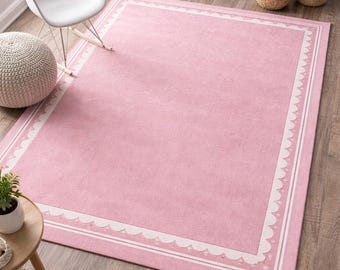Hand Tufted Pink Scalloped Wool Rug | Soft Nursery Bedroom Carpet