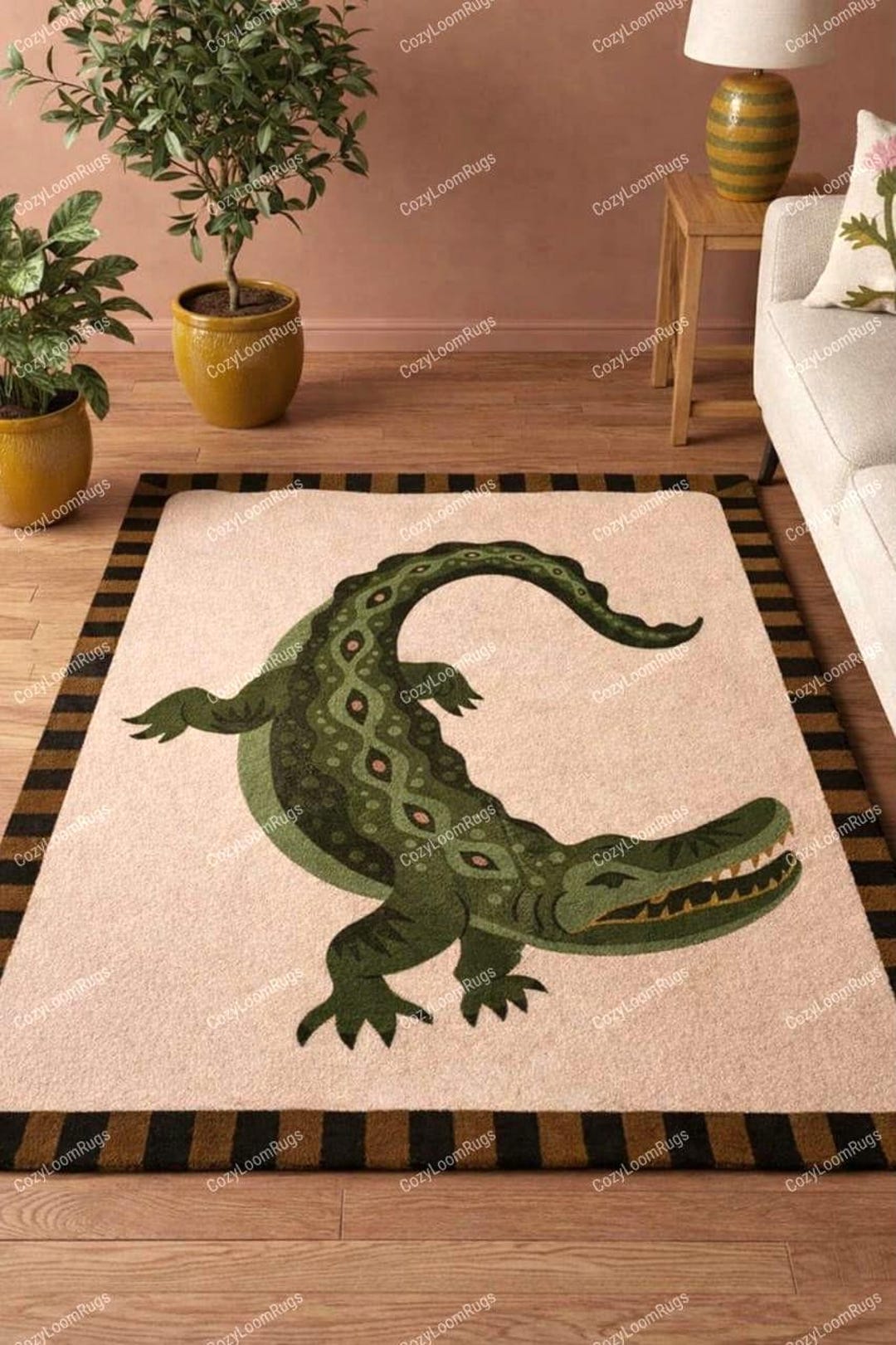Hand Tufted Wool Area Rug Modern Animal Print Crocodile Rug Fir Living ...