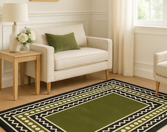 Olive Green Wool Rug, Hand Tufted Boho Carpet, Modern Sage Framed Living Room Rug