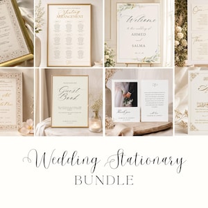 Puede incluir: Una colección de papelería de boda que incluye varias tarjetas impresas, como un plano de asientos, un cartel de bienvenida, números de mesa, una portada de libro de visitas, tarjetas de agradecimiento e invitaciones con tipografía elegante.