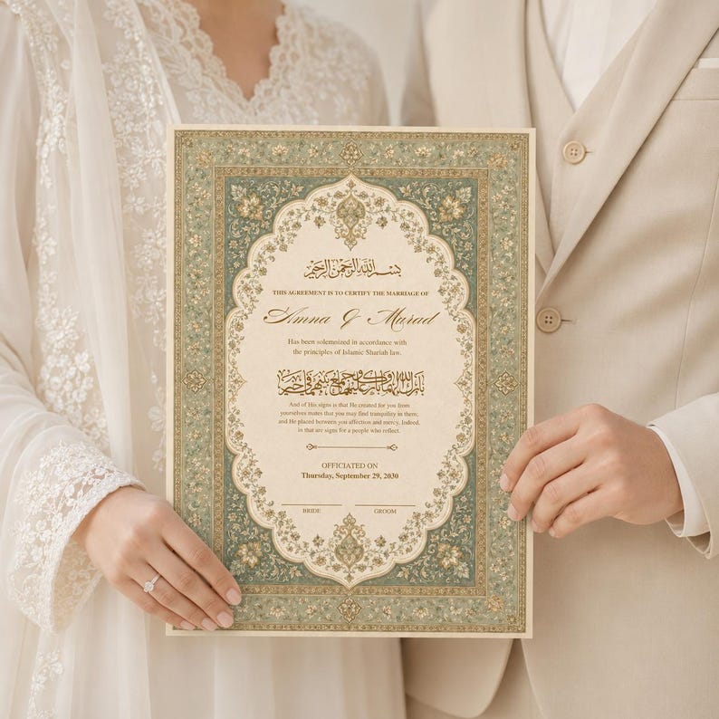 May include: A rectangular Islamic marriage certificate featuring an ornate sage green and gold floral border. The document includes Arabic calligraphy, the text "This agreement is to certify the marriage of Amna & Murad," and a date of September 29, 2030.