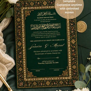 Green and Gold Nikah Certificate , Editable Islamic Marriage Contract, Digital Download