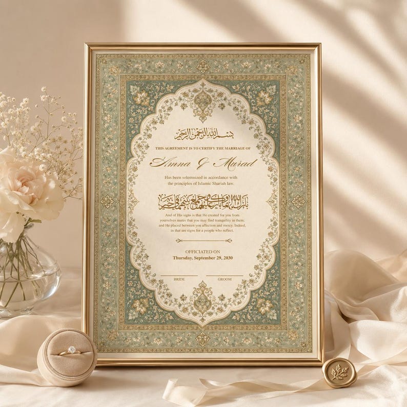 May include: A vertical rectangular framed Islamic marriage certificate with a sage green and gold floral border. The document features Arabic calligraphy and English text stating the agreement between Amna and Murad, dated September 29, 2030.