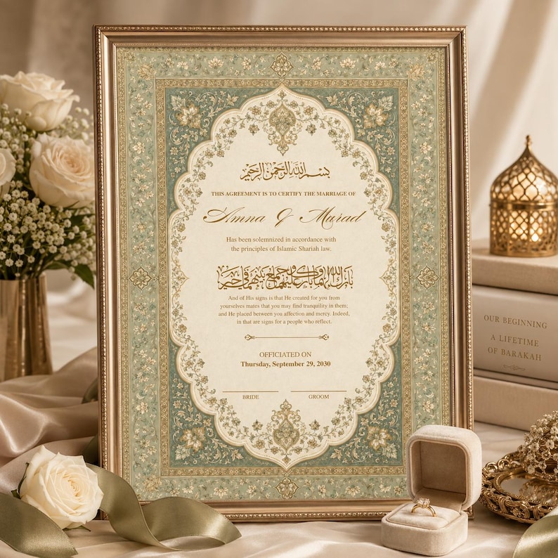 May include: A framed Islamic marriage certificate featuring intricate sage green and gold floral borders, elegant calligraphy, and printed text stating the marriage of Amna and Murad, dated September 29, 2030, with blank lines for signatures.