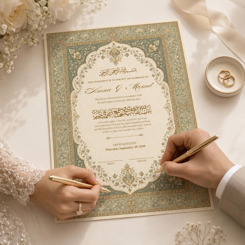 May include: A rectangular Islamic marriage certificate with a cream-colored center and an ornate sage green and gold floral border. The document features elegant calligraphy and printed text including the names Amna and Murad, dated September 29, 2030.