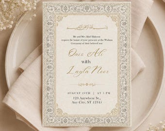 May include: A rectangular wedding invitation card featuring an ornate grey and gold floral border. The text reads: Mr and Mrs Abid Hakeem request the honour of your presence at the Walima Ceremony of their beloved son Qais Ali with Layla Noor.