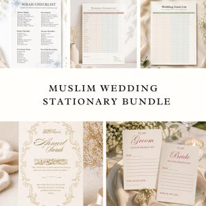May include: A Muslim wedding stationery bundle featuring a Nikah checklist, vendor list, guest list, a gold-foiled invitation card with Arabic calligraphy, and two note cards labeled To My Groom and To My Bride with blank lines for writing.