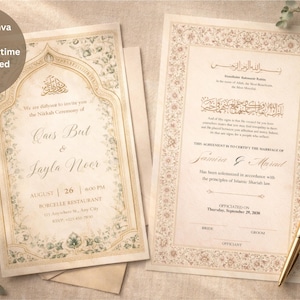 Puede incluir: Dos tarjetas de invitación de boda rectangulares de papel color crema con bordes florales dorados y verdes. La tarjeta de la izquierda presenta un marco arqueado y texto para una ceremonia Nikkah. La tarjeta de la derecha muestra un certificado.